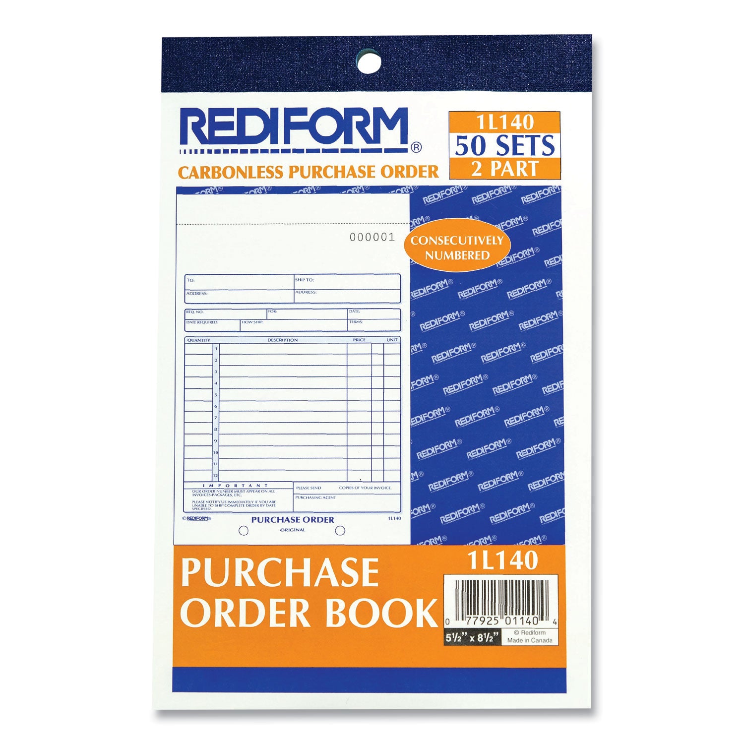 Purchase Order Book, 12 Lines, Two-Part Carbonless, 5.5 x 7.88, 50 Forms Total - 
