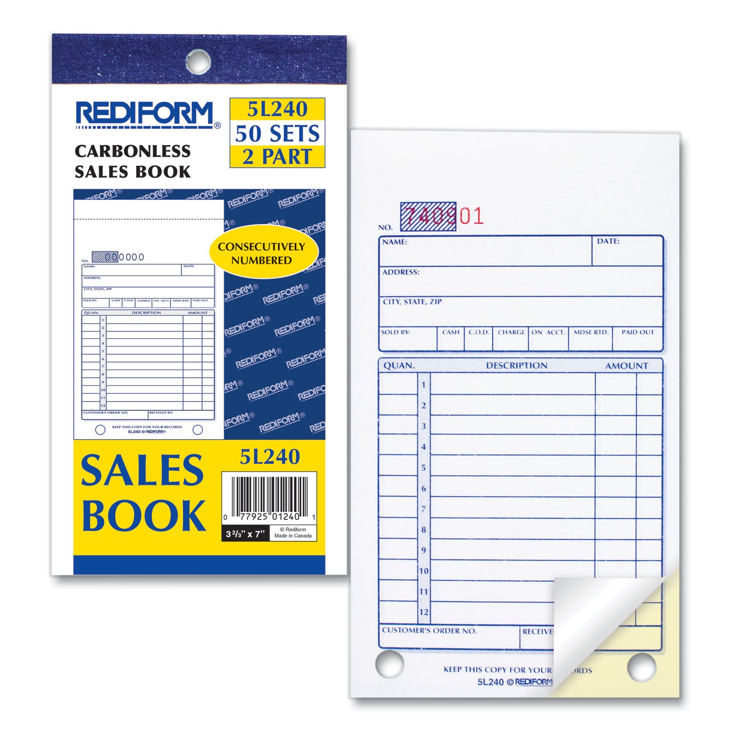 Sales Book, 12 Lines, Two-Part Carbonless, 3.63 x 6.38, 50 Forms Total - 