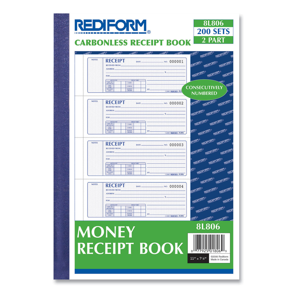 Money Receipt Book, Softcover, Two-Part Carbonless, 7 x 2.75, 4 Forms/Sheet, 200 Forms Total - 