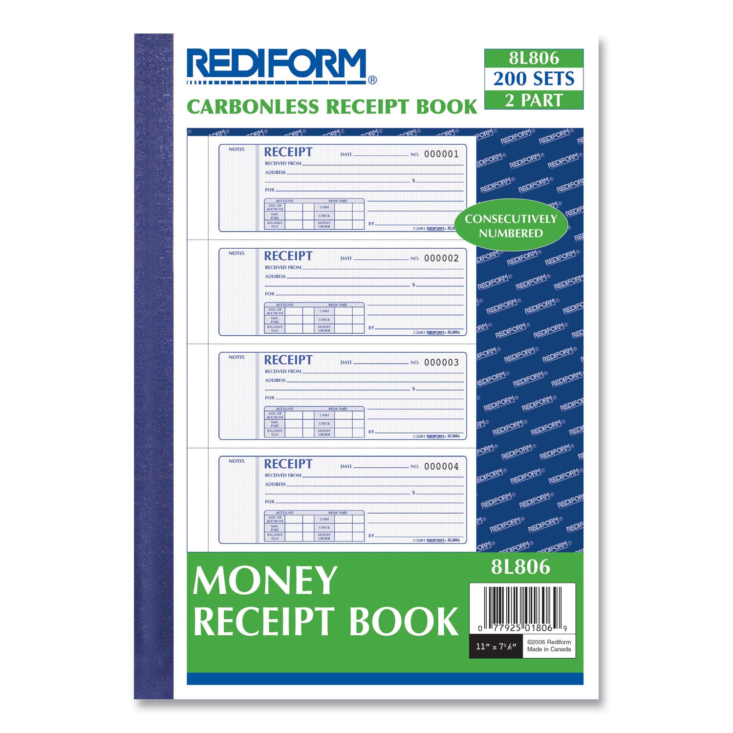 Money Receipt Book, Softcover, Two-Part Carbonless, 7 x 2.75, 4 Forms/Sheet, 200 Forms Total - 