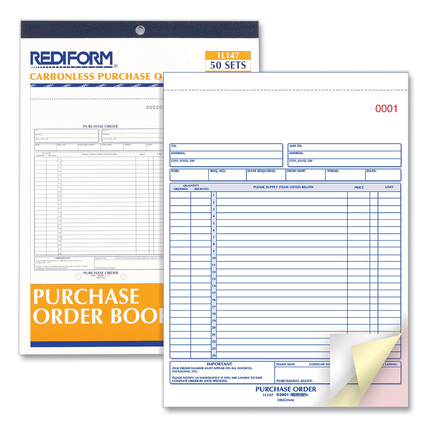 Purchase Order Book, 17 Lines, Three-Part Carbonless, 8.5 x 11, 50 Forms Total