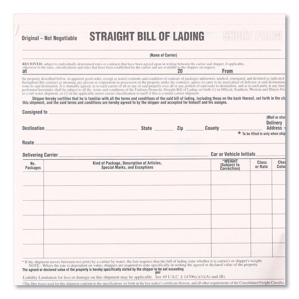 Snap-A-Way Bill of Lading, Short Form, Three-Part Carbonless, 7 x 8.5, 250 Forms Total - 
