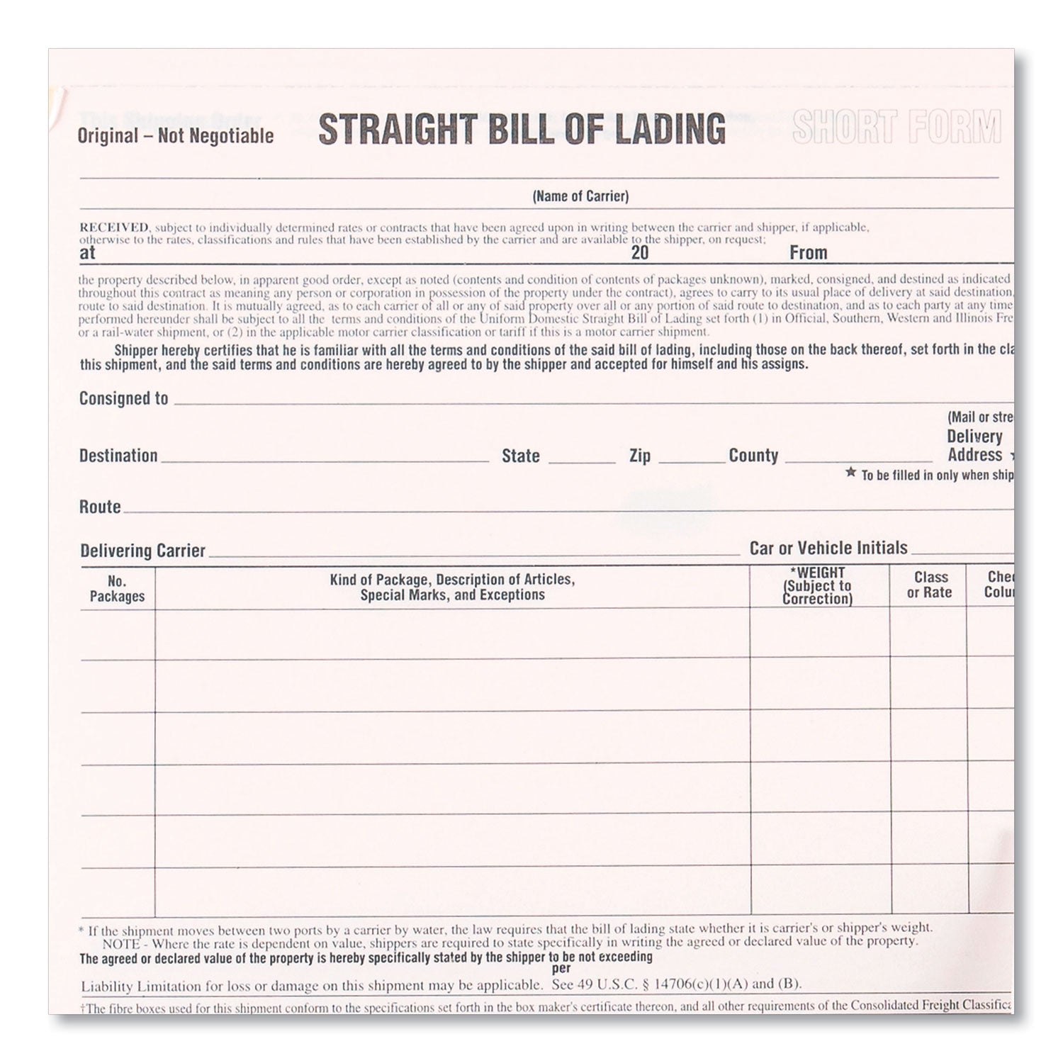 Snap-A-Way Bill of Lading, Short Form, Three-Part Carbonless, 7 x 8.5, 250 Forms Total - 