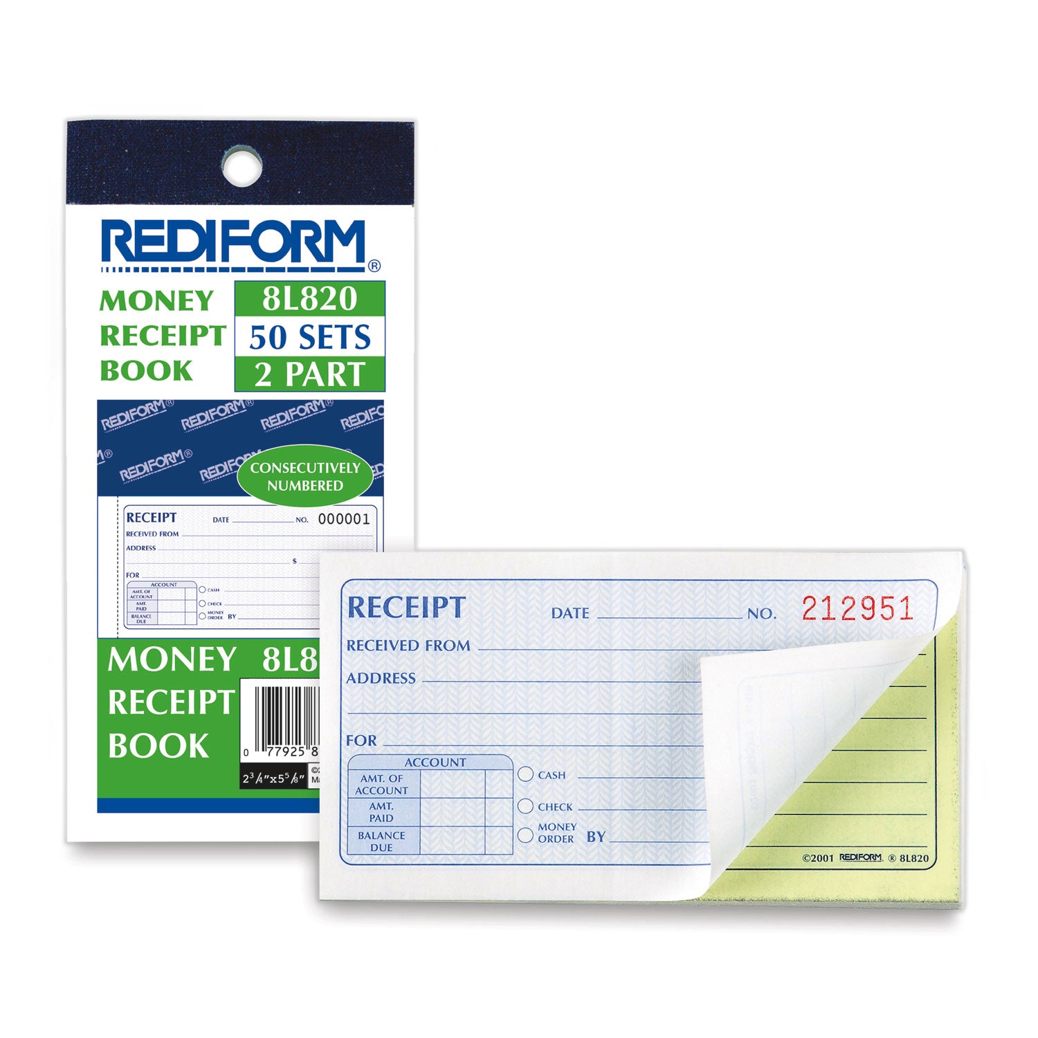 Small Money Receipt Book, Two-Part Carbonless, 2.75 x 5, 50 Forms Total - 