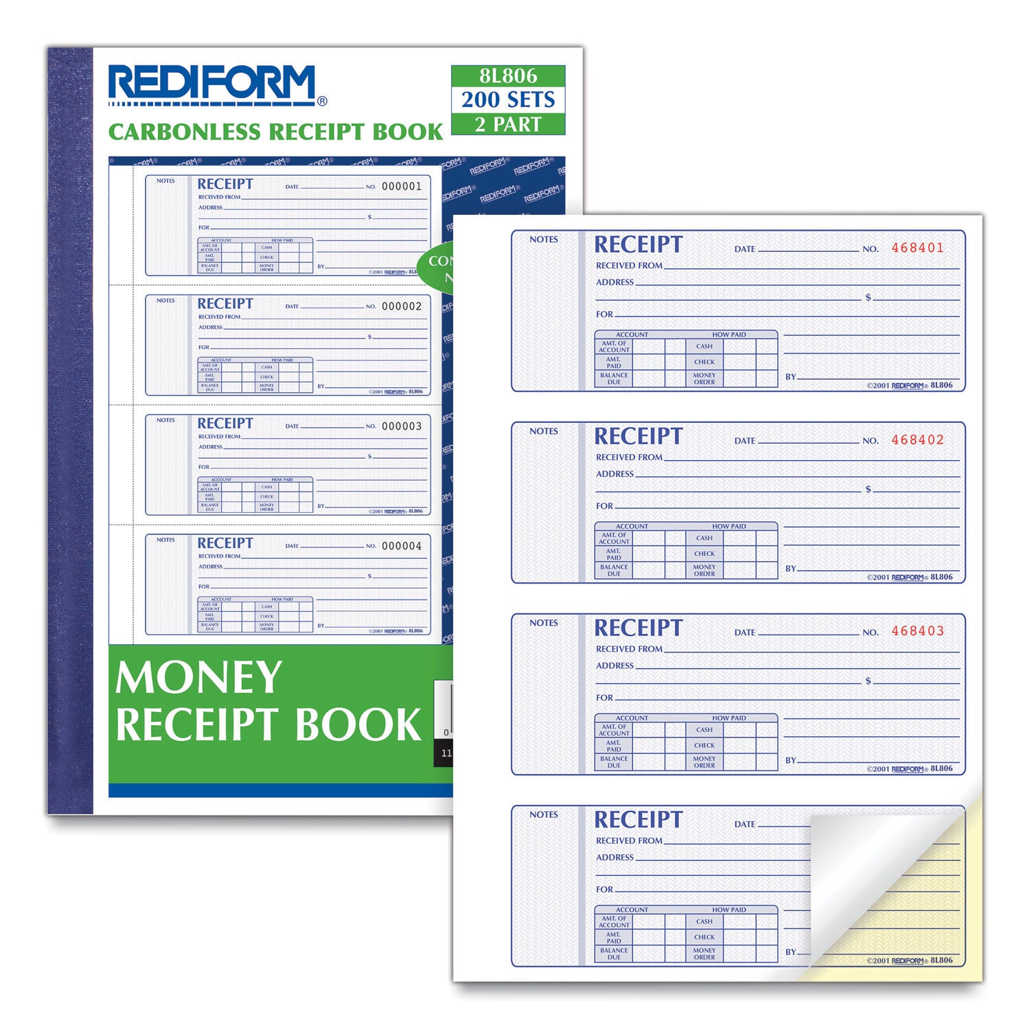 Money Receipt Book, Softcover, Two-Part Carbonless, 7 x 2.75, 4 Forms/Sheet, 200 Forms Total - 