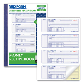 Money Receipt Book, Softcover, Two-Part Carbonless, 7 x 2.75, 4 Forms/Sheet, 200 Forms Total - 