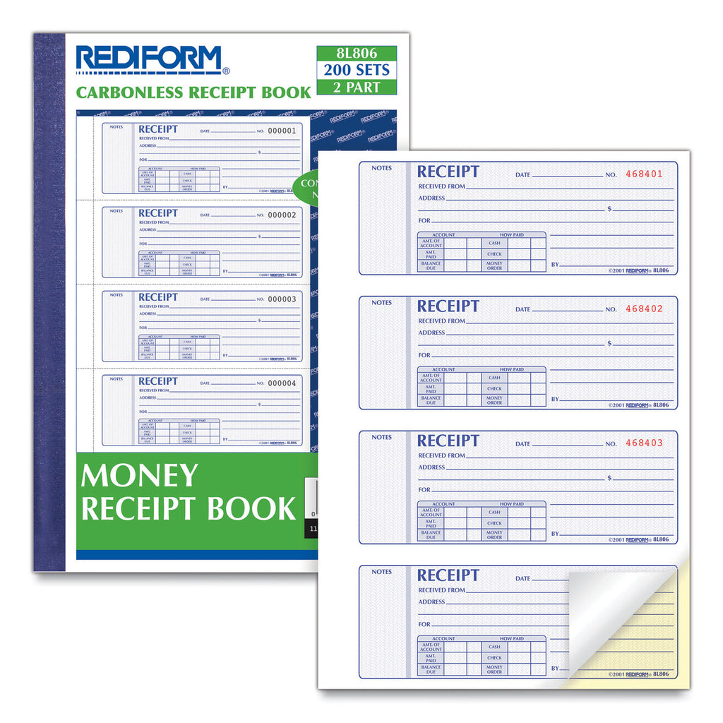Money Receipt Book, Softcover, Two-Part Carbonless, 7 x 2.75, 4 Forms/Sheet, 200 Forms Total