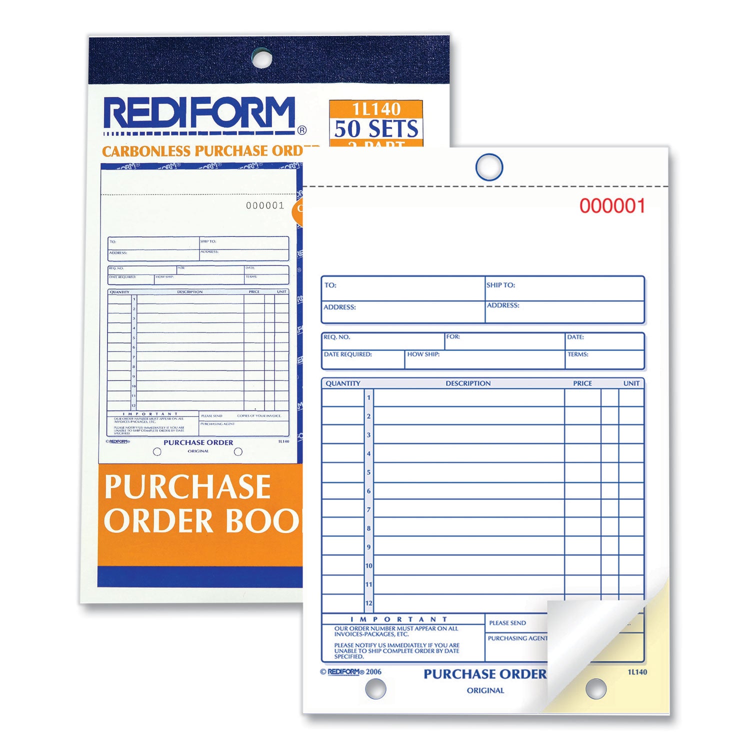 Purchase Order Book, 12 Lines, Two-Part Carbonless, 5.5 x 7.88, 50 Forms Total - 