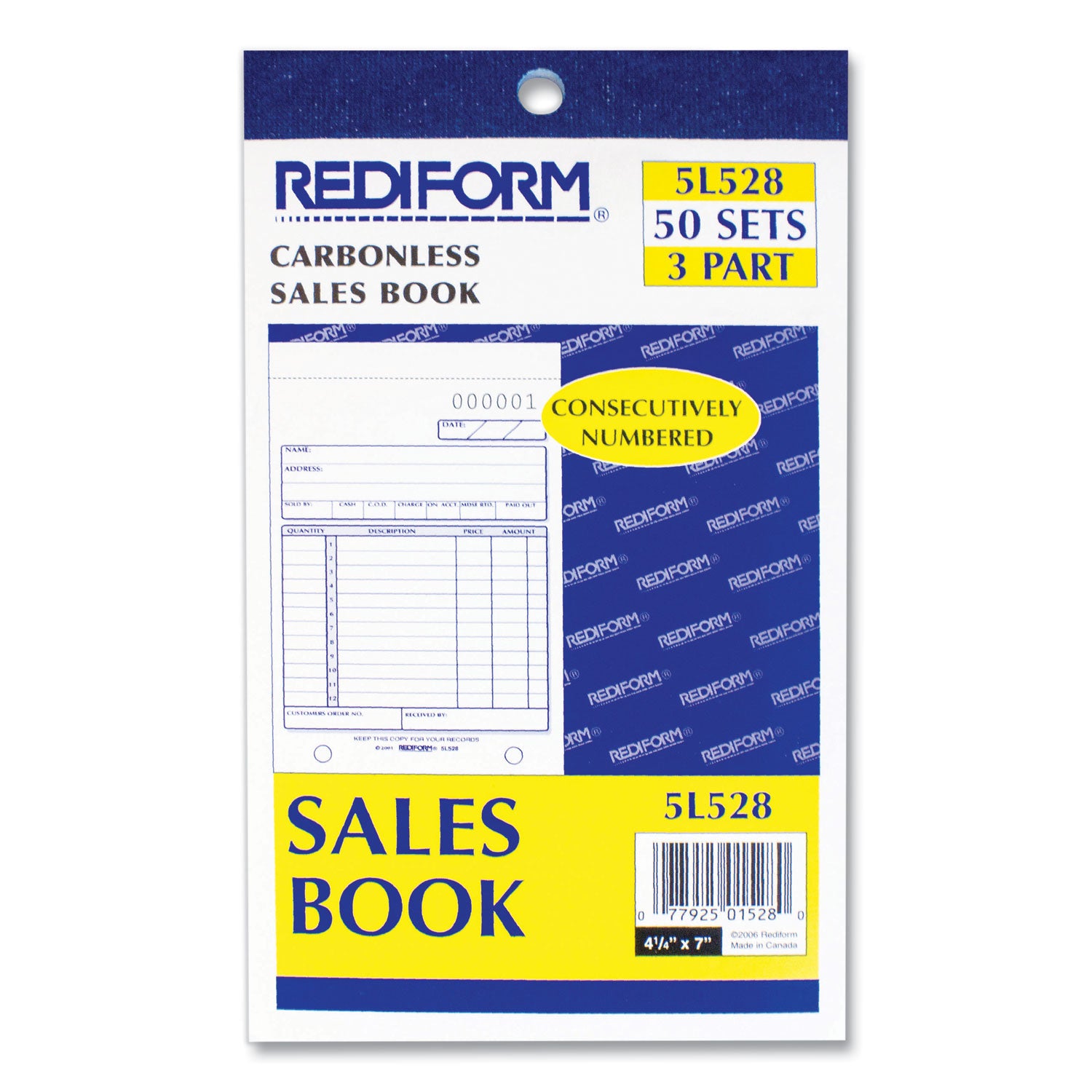 Sales Book, 12 Lines, Three-Part Carbonless, 4.25 x 6.38, 50 Forms Total - 