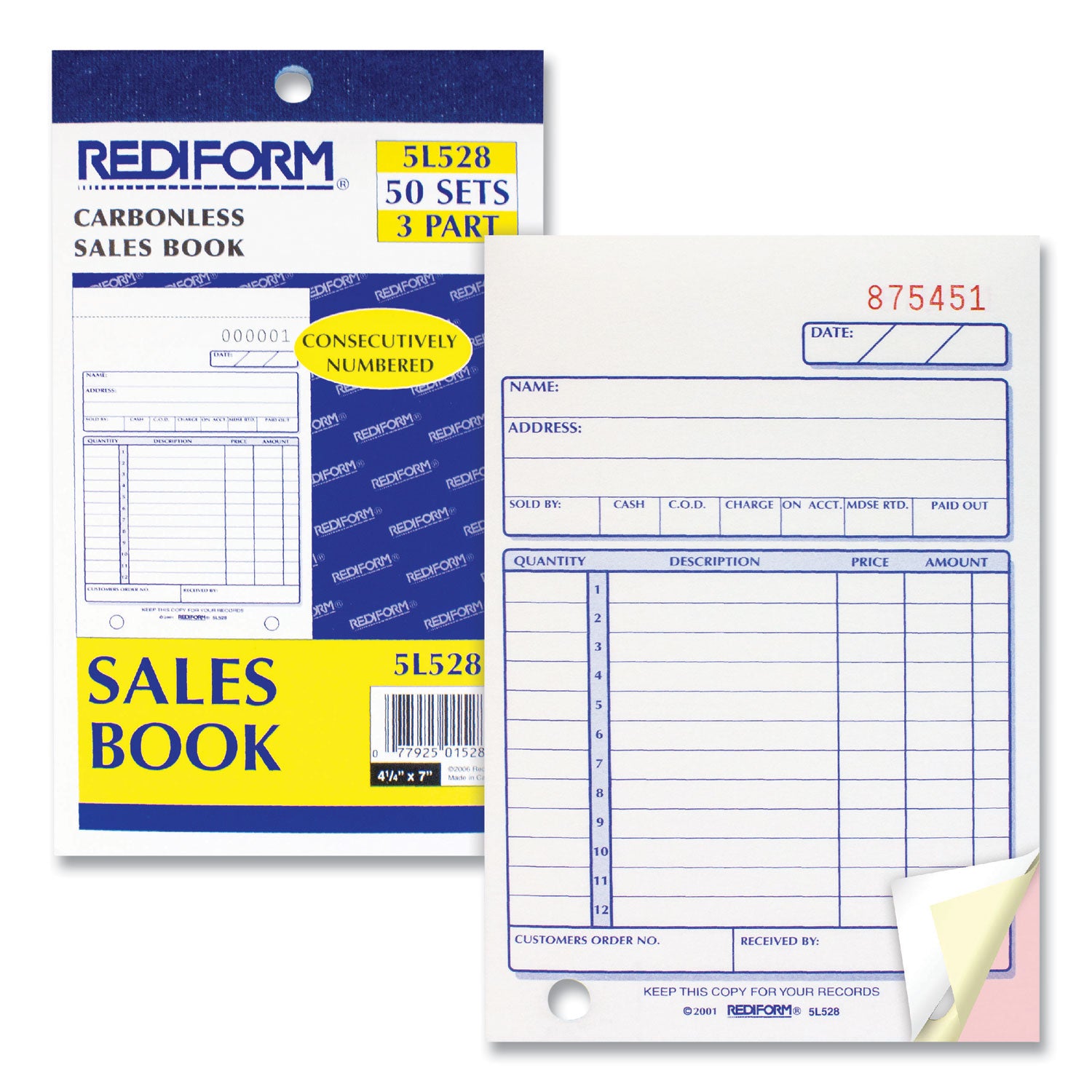 Sales Book, 12 Lines, Three-Part Carbonless, 4.25 x 6.38, 50 Forms Total - 