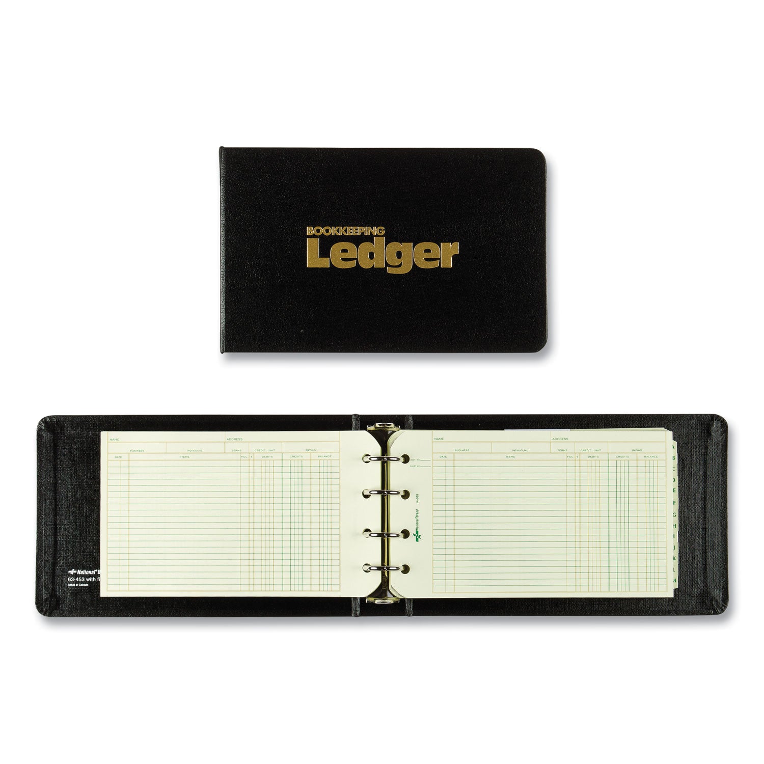Four-Ring Ledger Binder Kit with A-Z Index, Black Cover, 8.5 x 5 Debit-Credit-Balance Sheets, 100 Sheets/Book - 