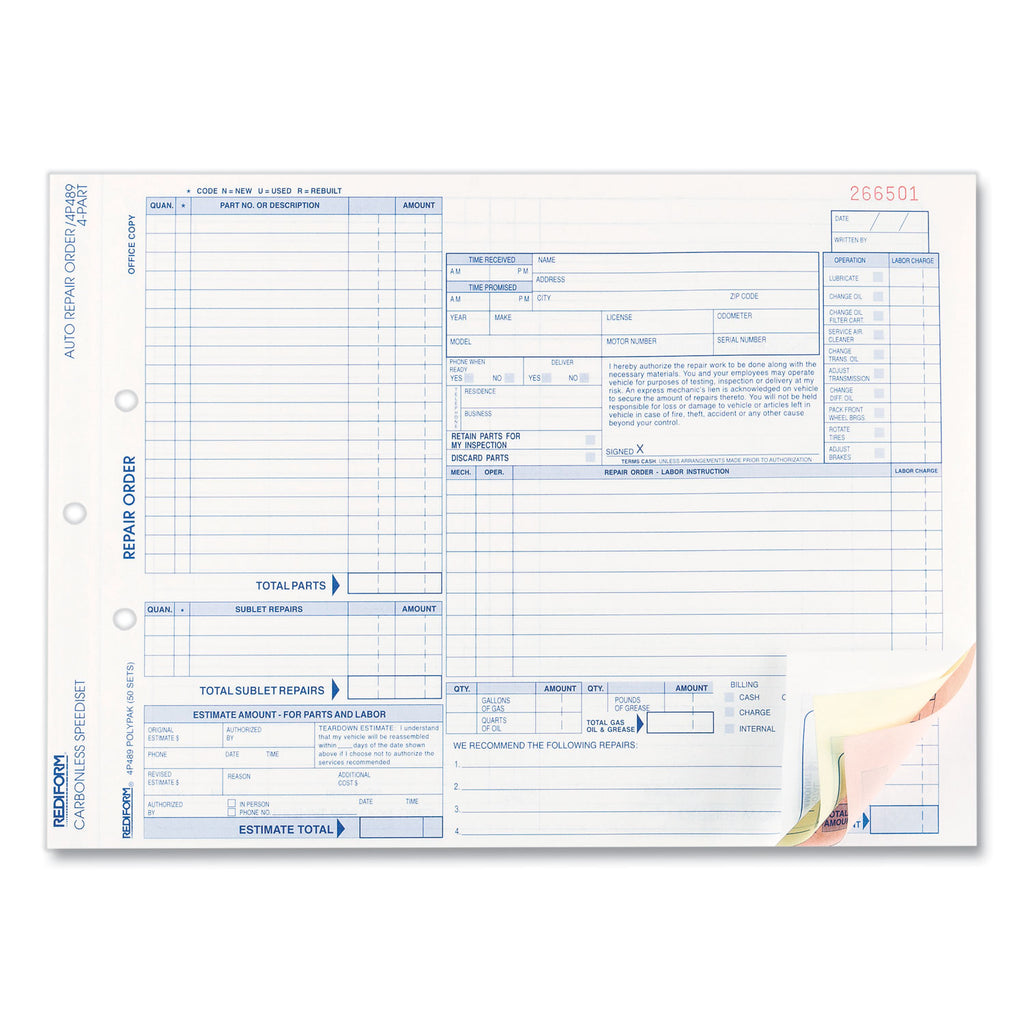Speediset Four-Part Auto Repair Form, Four-Part Carbonless, 11 x 8.5, 50 Forms Total - 