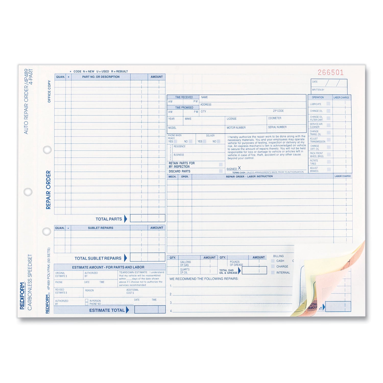 Speediset Four-Part Auto Repair Form, Four-Part Carbonless, 11 x 8.5, 50 Forms Total - 