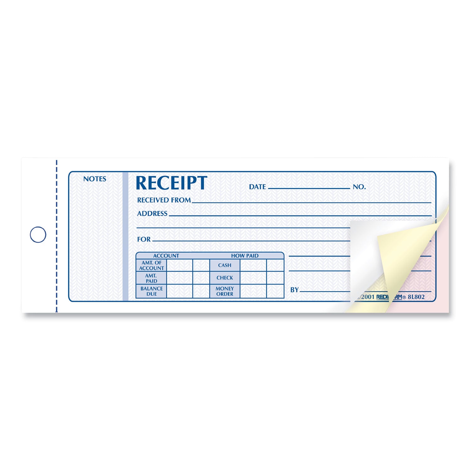 Receipt Book, Three-Part Carbonless, 7 x 2.75, 4 Forms/Sheet, 50 Forms Total - 