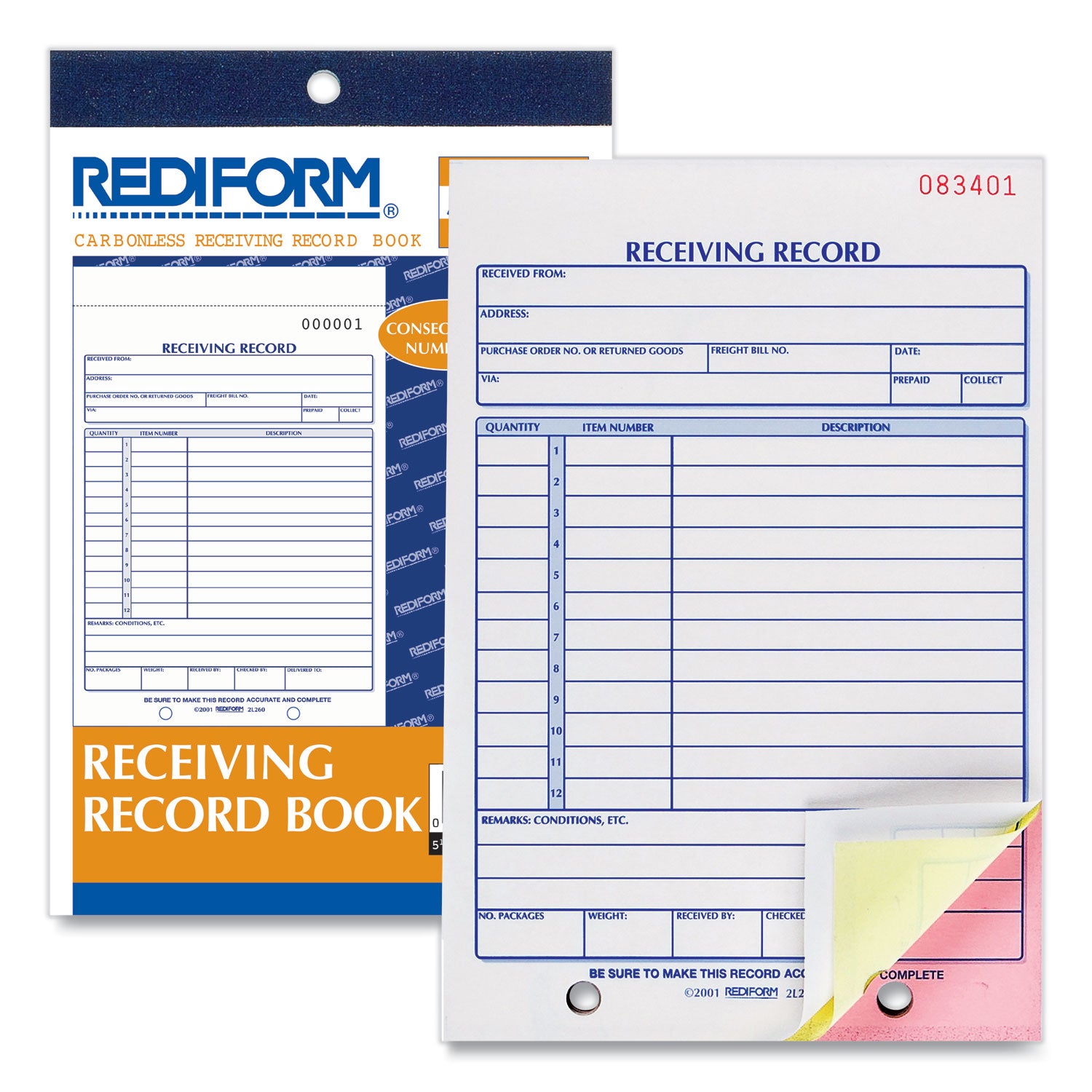 Receiving Record Book, Three-Part Carbonless, 5.56 x 7.94, 50 Forms Total - 