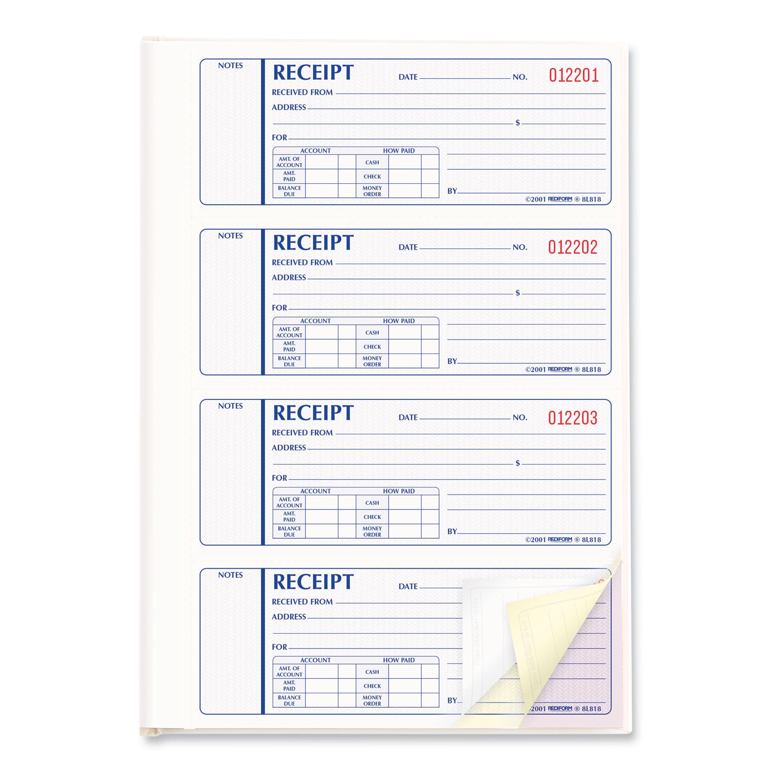 Money Receipt Book, Hardcover, Three-Part Carbonless, 7 x 2.75, 4 Forms/Sheet, 200 Forms Total - 