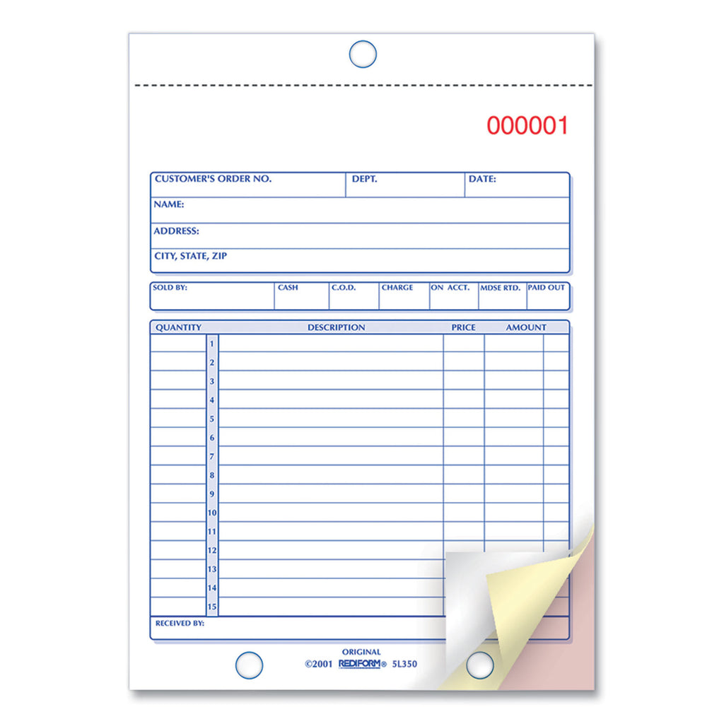 Sales Book, 15 Lines, Three-Part Carbonless, 5.5 x 7.88, 50 Forms Total - 