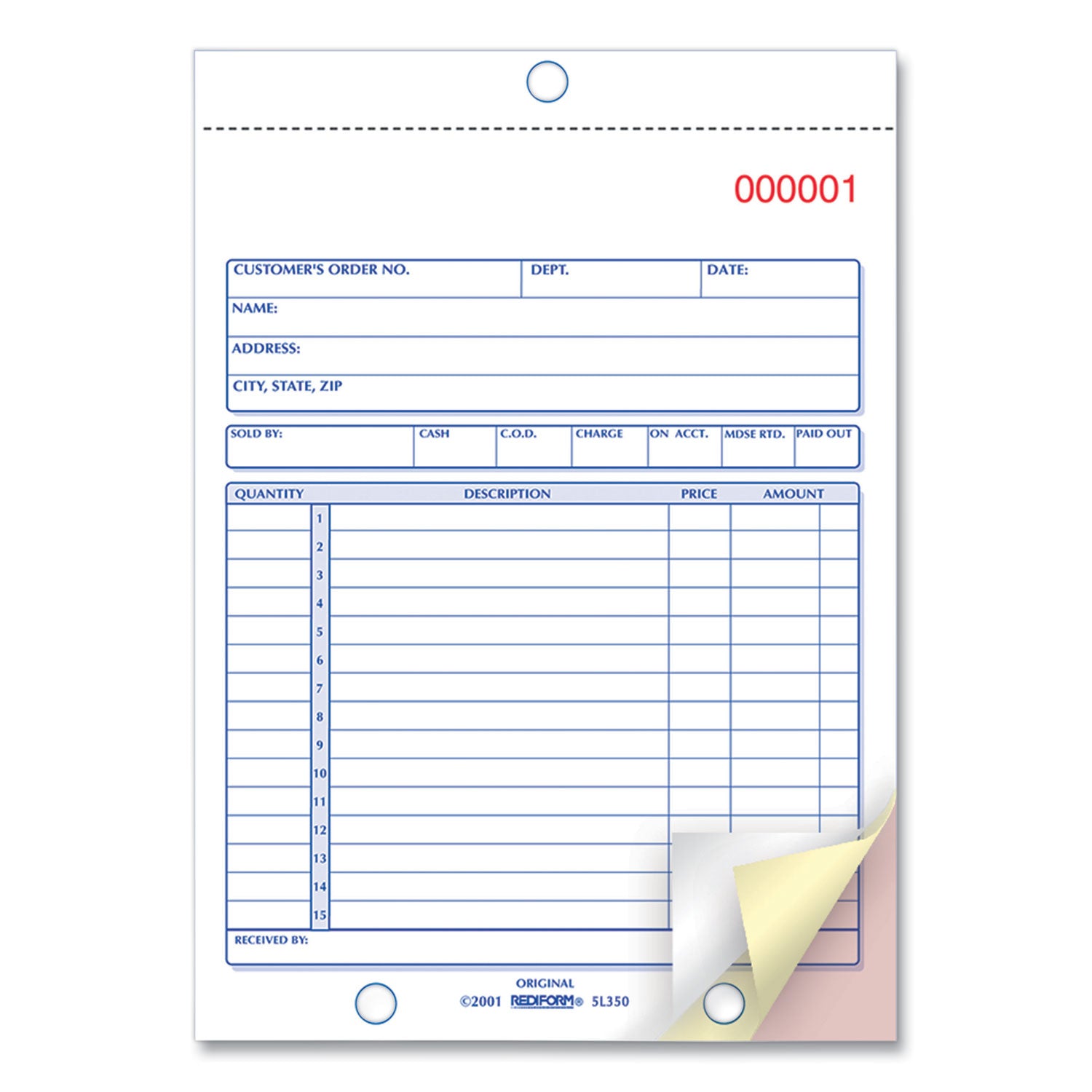 Sales Book, 15 Lines, Three-Part Carbonless, 5.5 x 7.88, 50 Forms Total - 