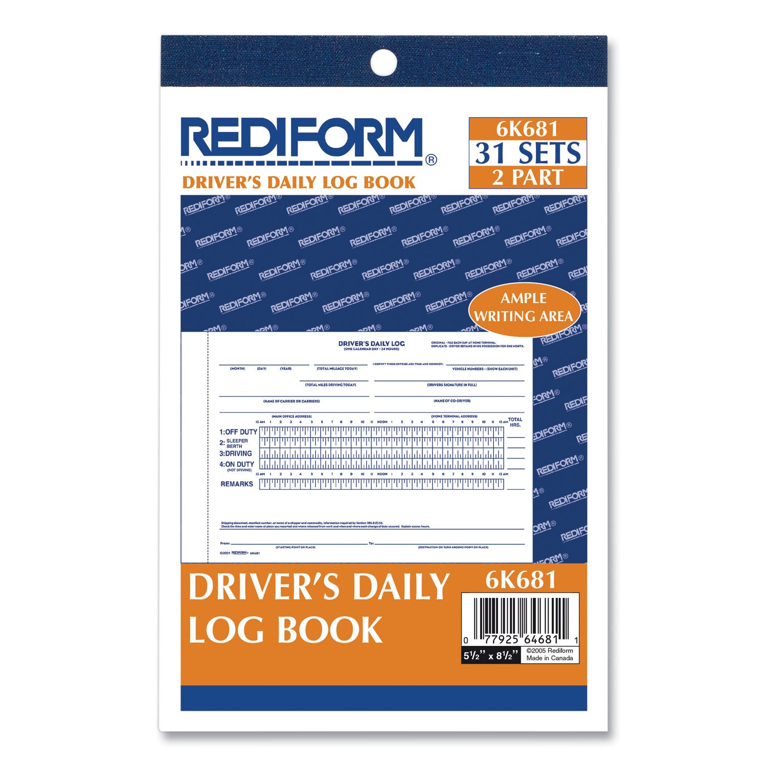 Driver's Daily Log Book with Daily Record and Hours Summary, Two-Part Carbonless, 7.88 x 5.5, 31 Forms Total - 