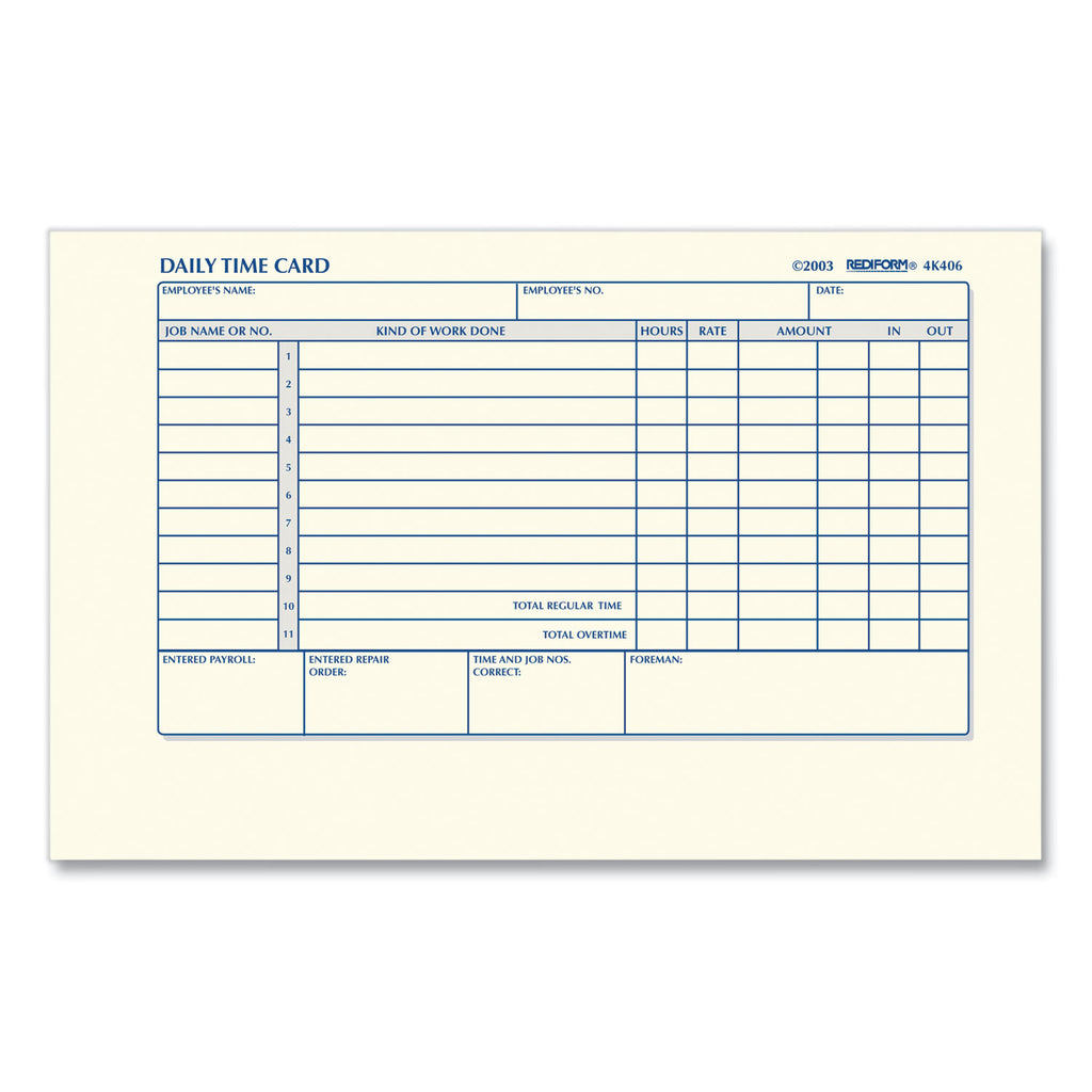 Daily Employee Time Cards, Two Sides, 4.25 x 7, 100/Pad