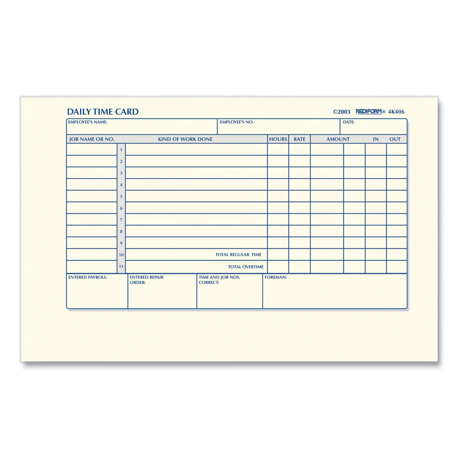 Daily Employee Time Cards, Two Sides, 4.25 x 7, 100/Pad