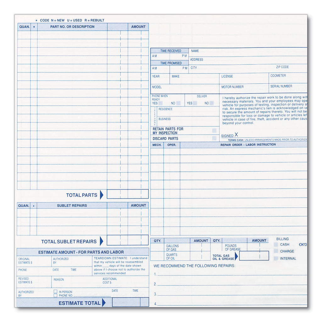 Speediset Four-Part Auto Repair Form, Four-Part Carbonless, 11 x 8.5, 50 Forms Total - 