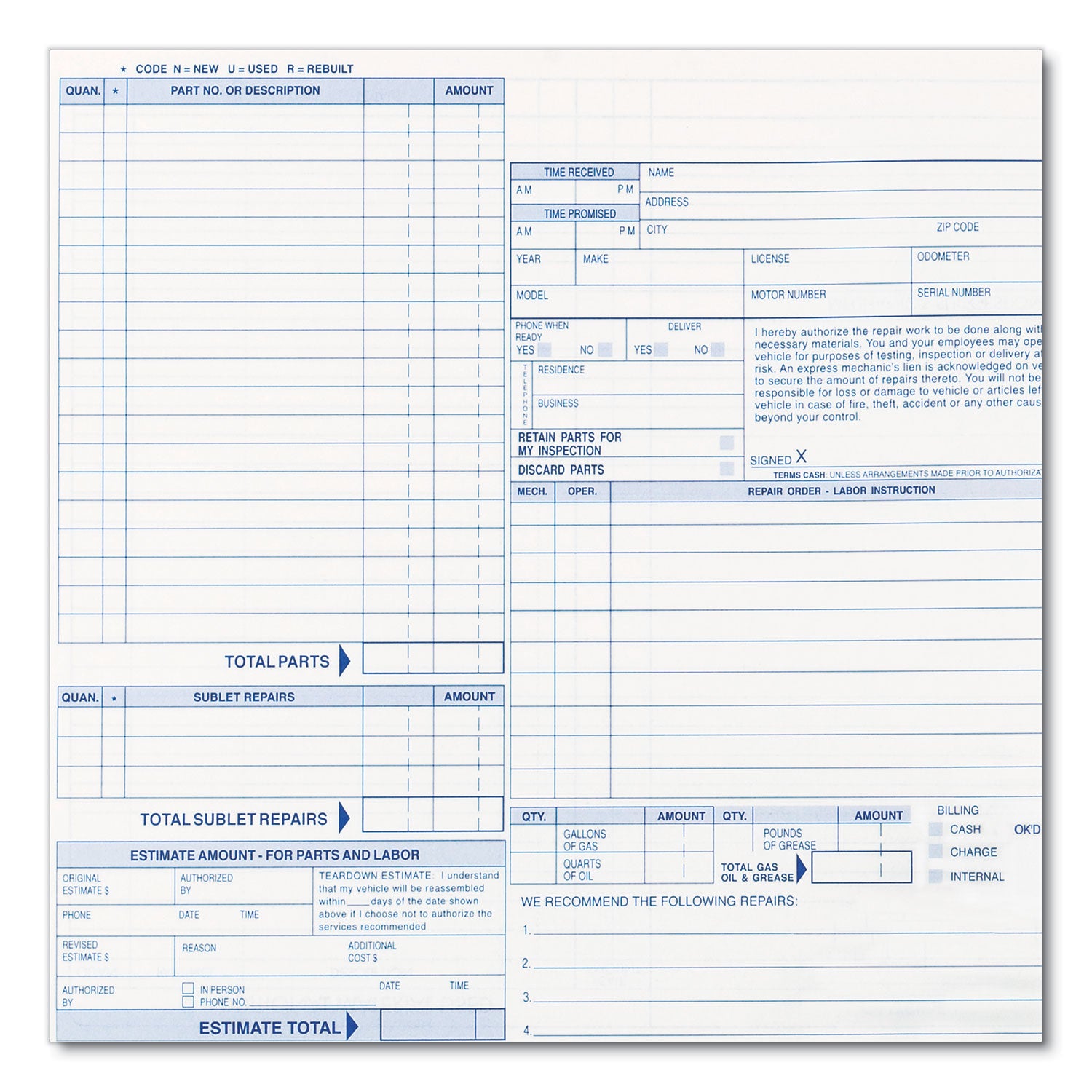 Speediset Four-Part Auto Repair Form, Four-Part Carbonless, 11 x 8.5, 50 Forms Total - 