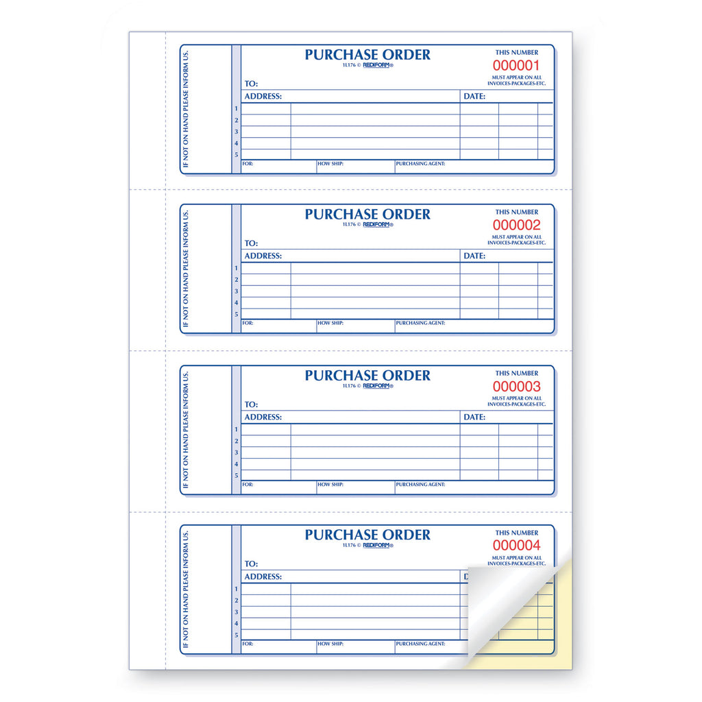 Purchase Order Book, 5 Lines, Two-Part Carbonless, 7 x 2.75, 4 Forms/Sheet, 400 Forms Total - 