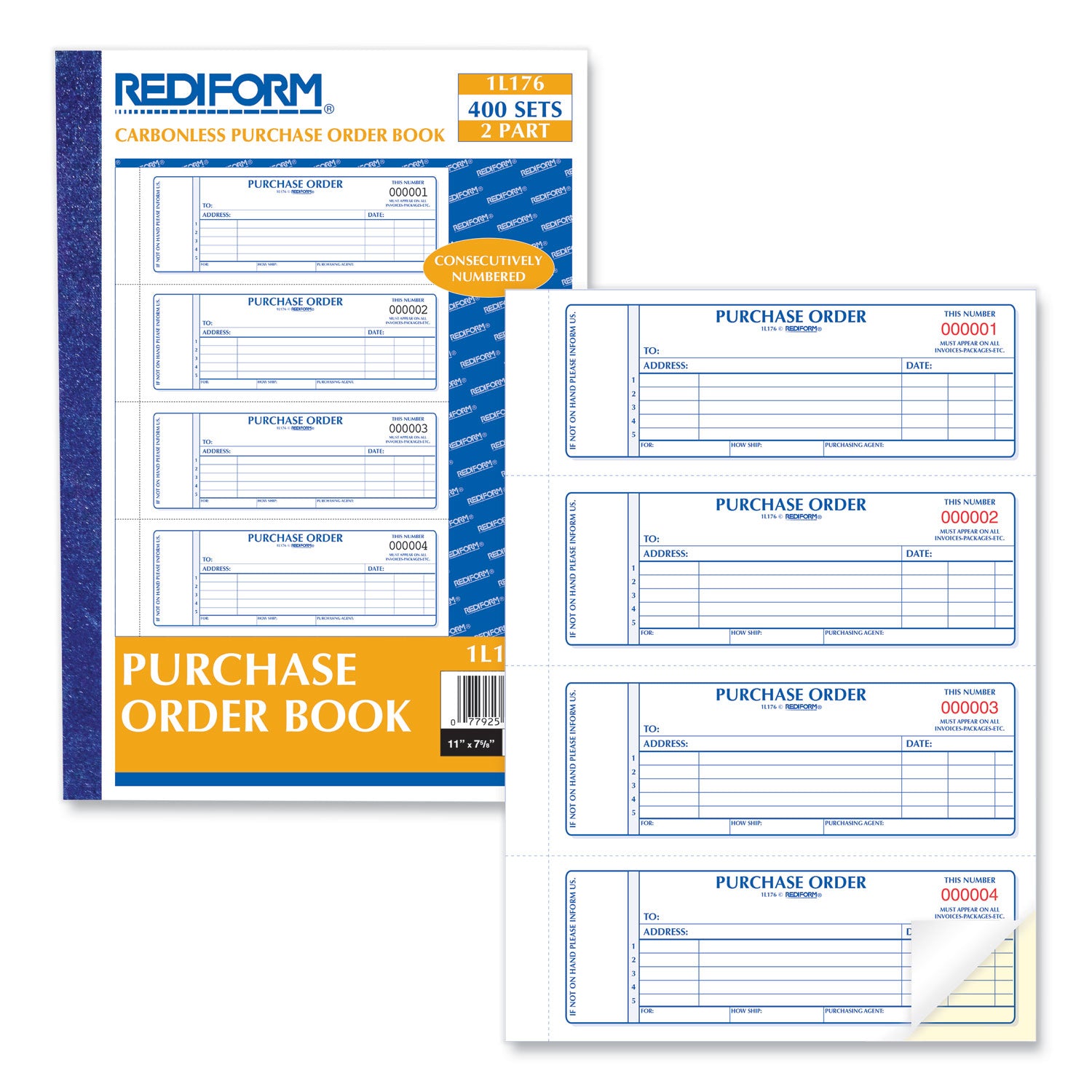 Purchase Order Book, 5 Lines, Two-Part Carbonless, 7 x 2.75, 4 Forms/Sheet, 400 Forms Total - 