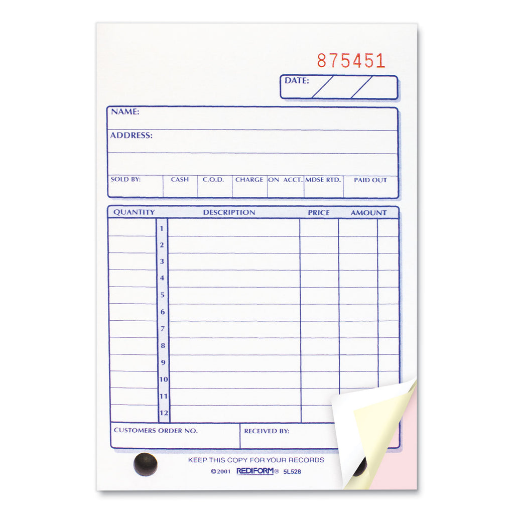 Sales Book, 12 Lines, Three-Part Carbonless, 4.25 x 6.38, 50 Forms Total - 
