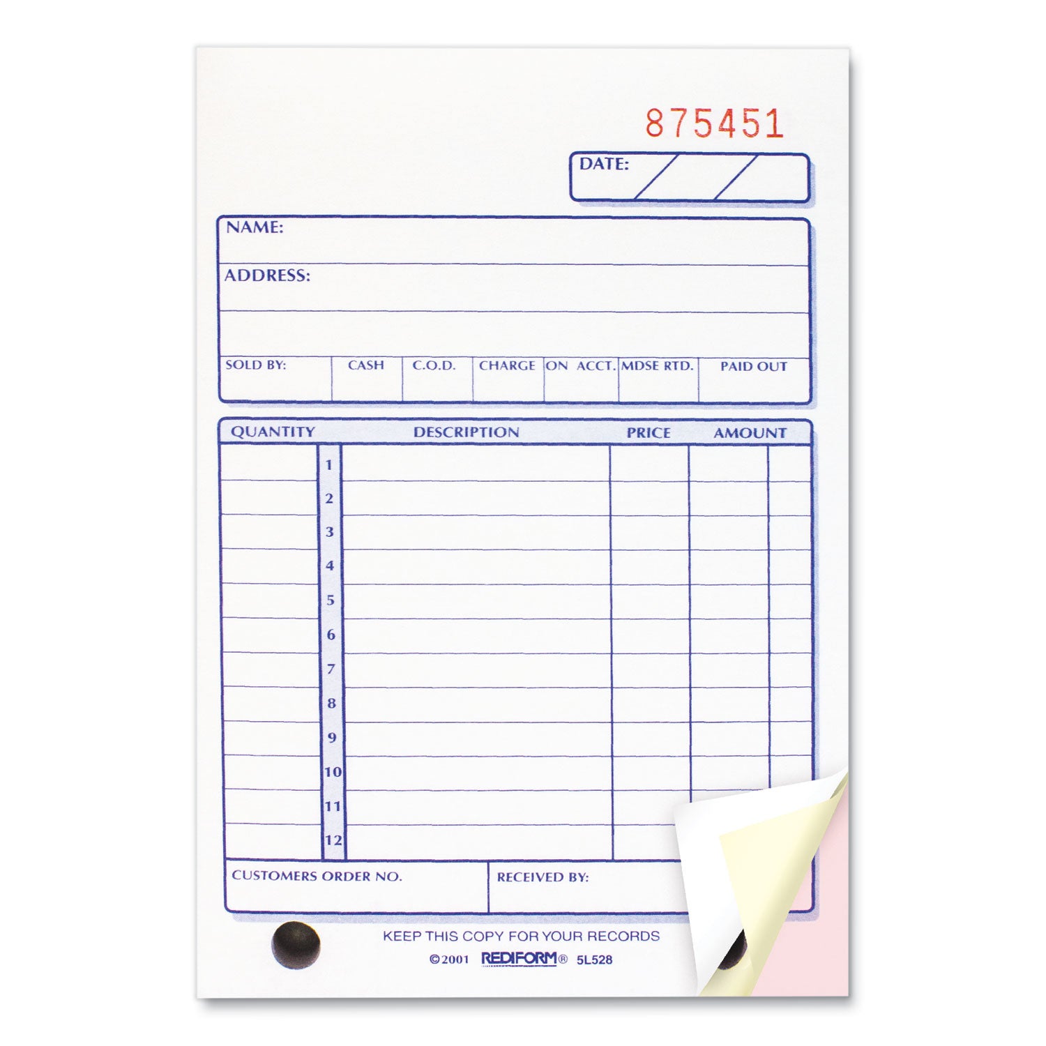 Sales Book, 12 Lines, Three-Part Carbonless, 4.25 x 6.38, 50 Forms Total - 