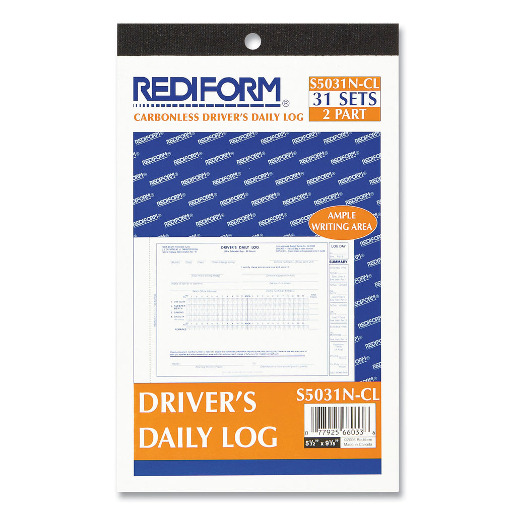 Driver's Daily Log Book, Two-Part Carbonless, 8.75 x 5.38, 31 Forms Total - 
