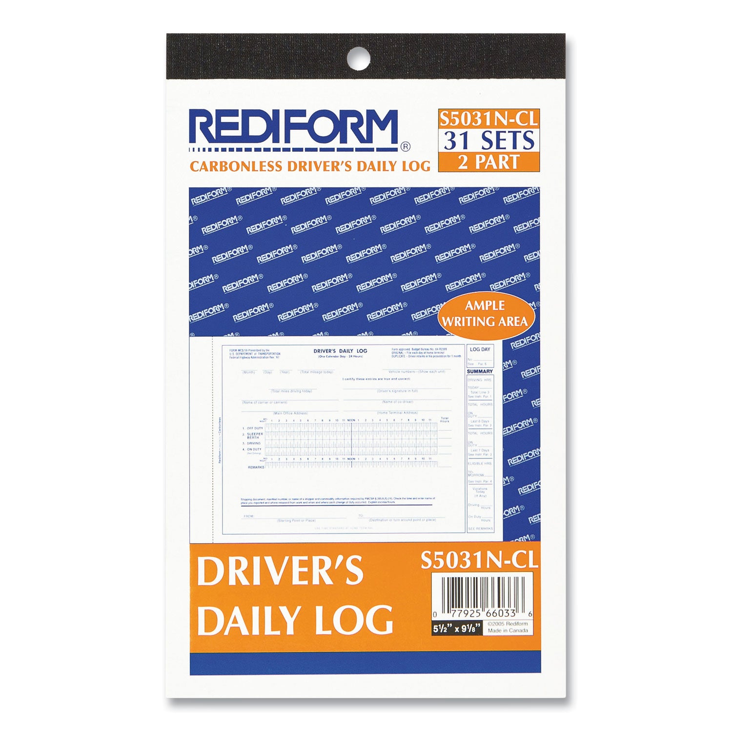 Driver's Daily Log Book, Two-Part Carbonless, 8.75 x 5.38, 31 Forms Total - 