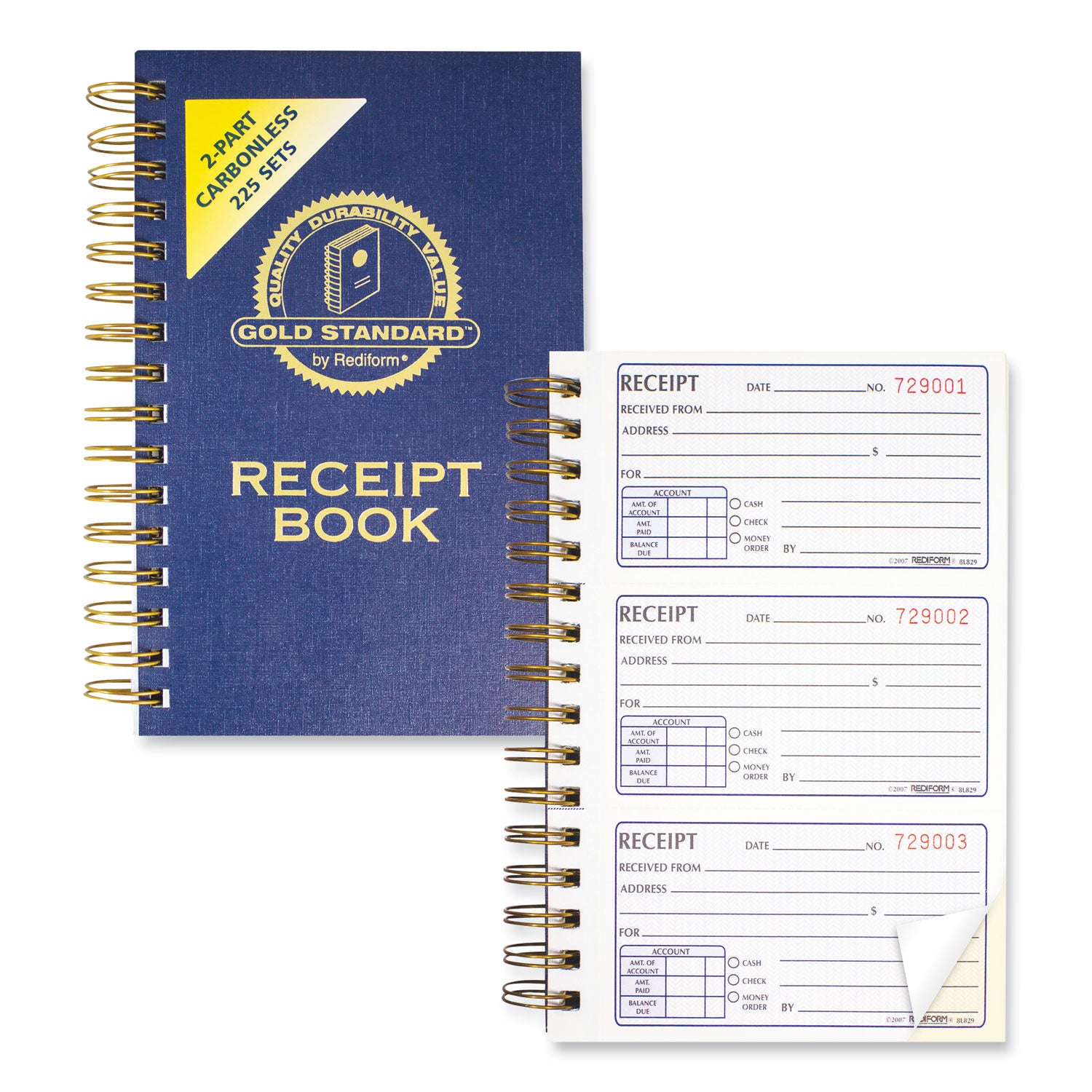 Gold Standard Money Receipt Book, Two-Part Carbonless, 5 x 2.75, 3 Forms/Sheet, 225 Forms Total - 