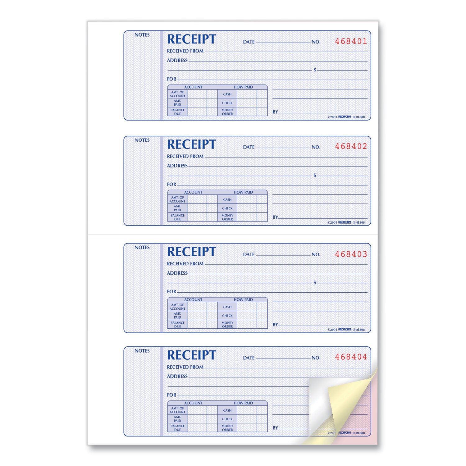 Money Receipt Book, Softcover, Three-Part Carbonless, 7 x 2.75, 4 Forms/Sheet, 100 Forms Total - 