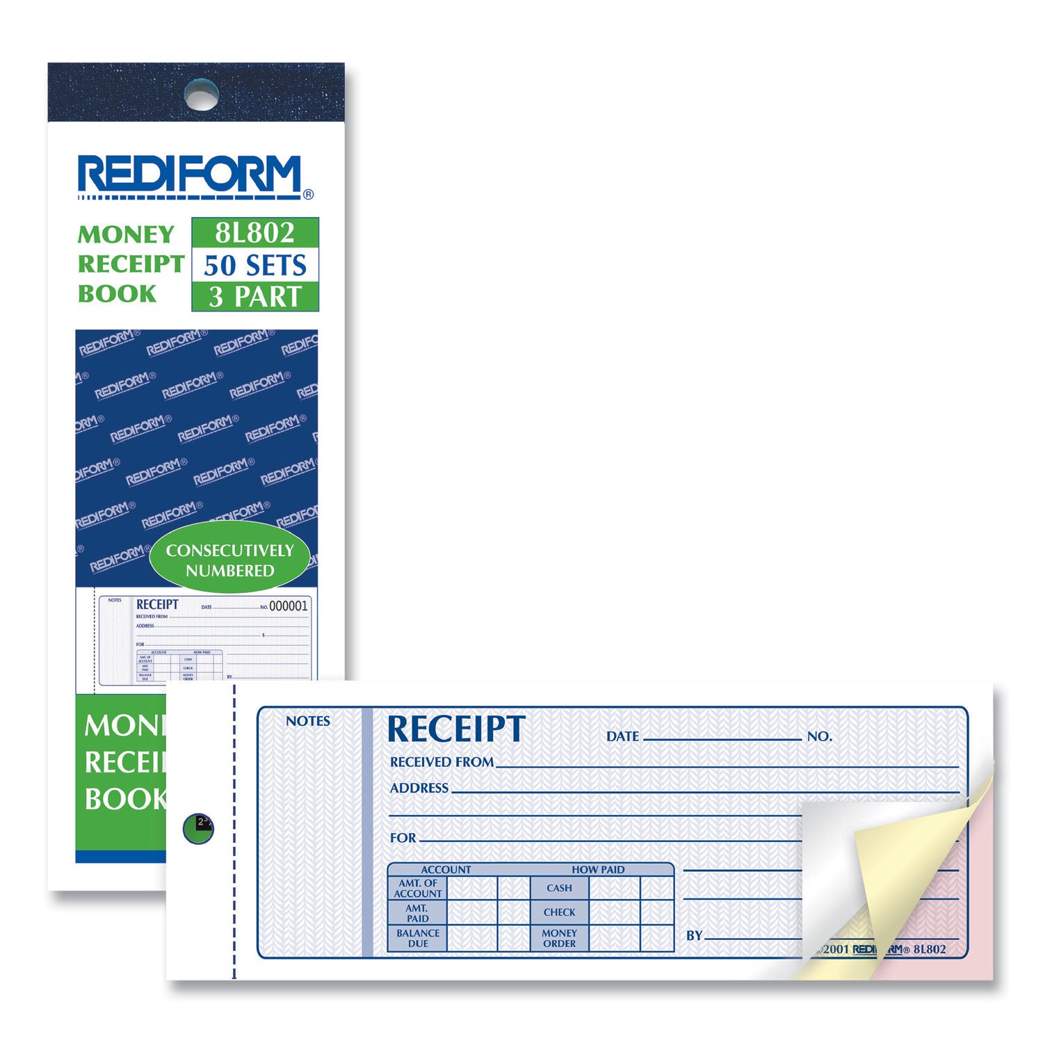 Receipt Book, Three-Part Carbonless, 7 x 2.75, 4 Forms/Sheet, 50 Forms Total - 