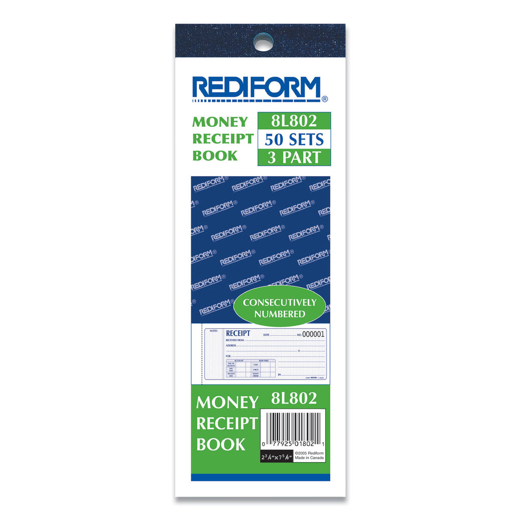 Receipt Book, Three-Part Carbonless, 7 x 2.75, 4 Forms/Sheet, 50 Forms Total - 