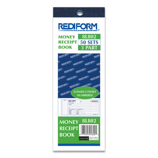 Receipt Book, Three-Part Carbonless, 7 x 2.75, 4 Forms/Sheet, 50 Forms Total - 