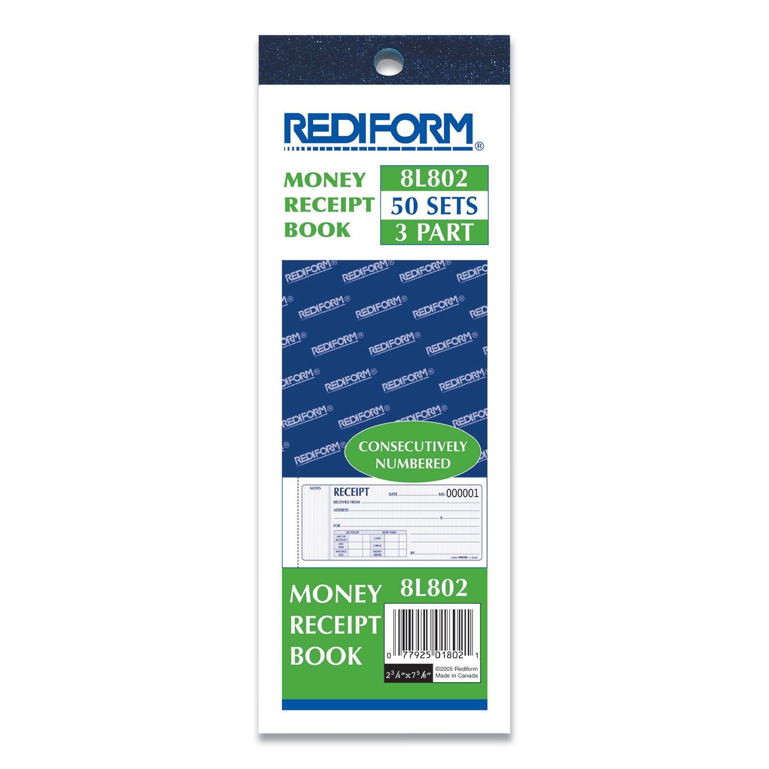 Receipt Book, Three-Part Carbonless, 7 x 2.75, 4 Forms/Sheet, 50 Forms Total - 