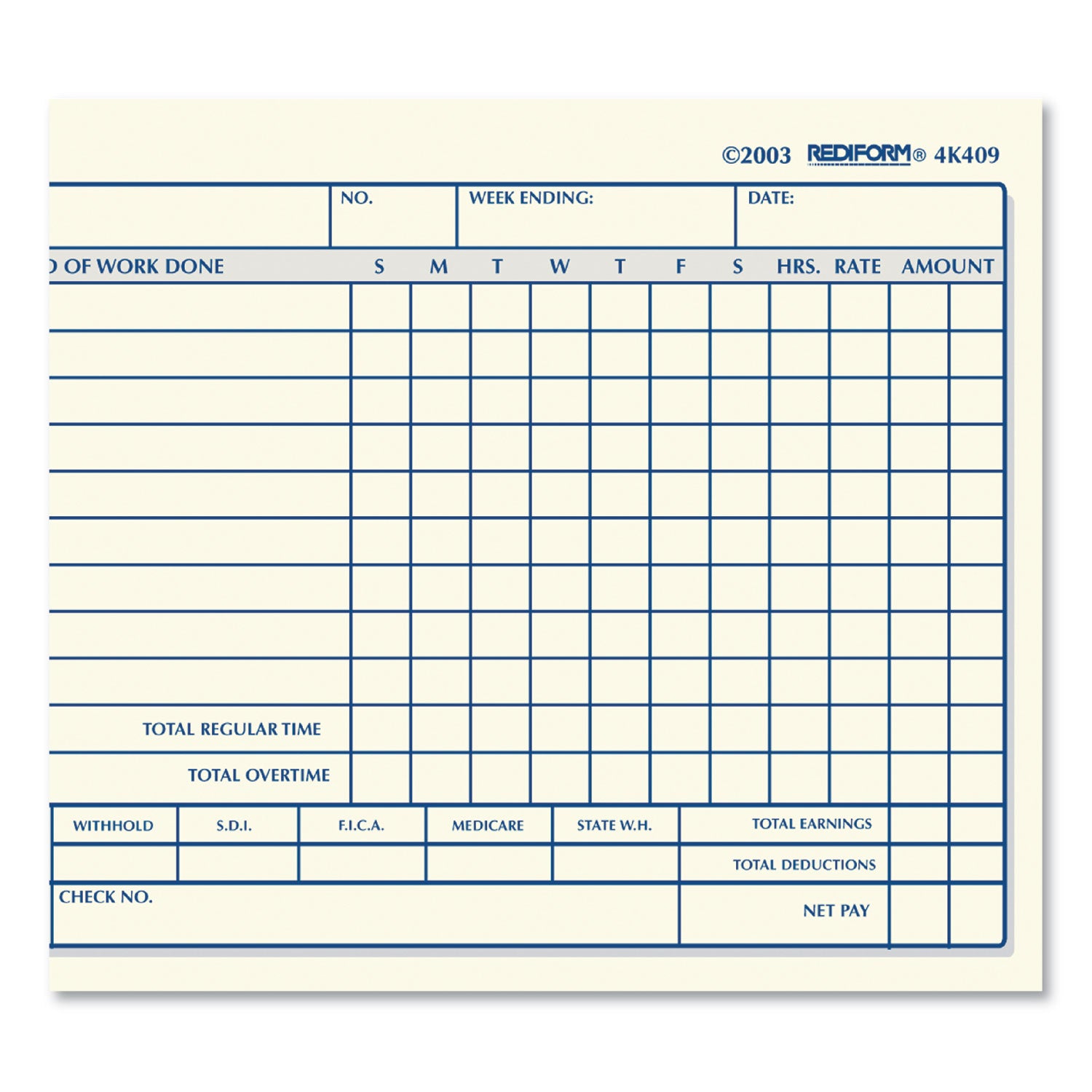 Weekly Employee Time Cards, One Side, 4.25 x 7, 100/Pad - 