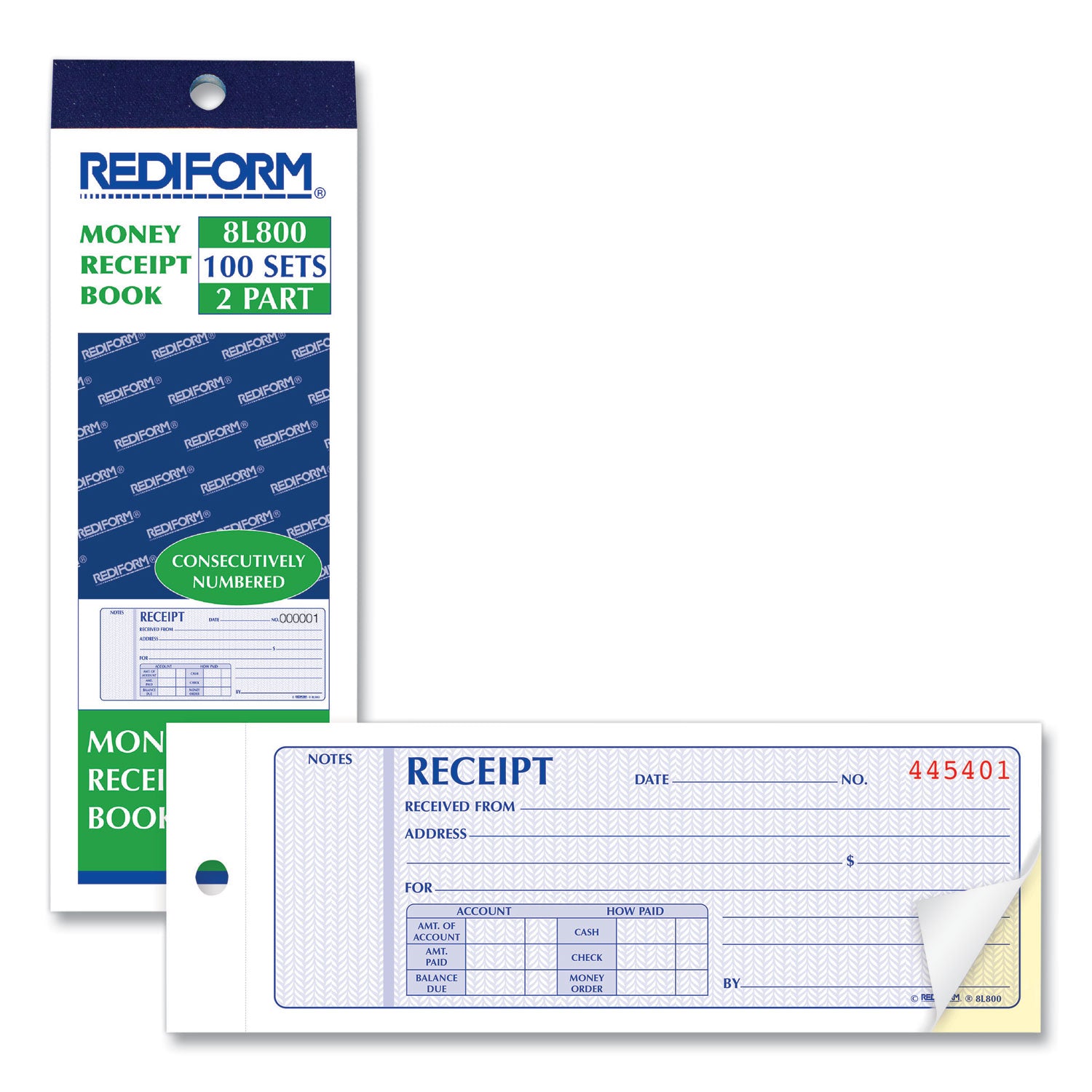 Receipt Book, Two-Part Carbonless, 7 x 2.75, 4 Forms/Sheet, 100 Forms Total - 
