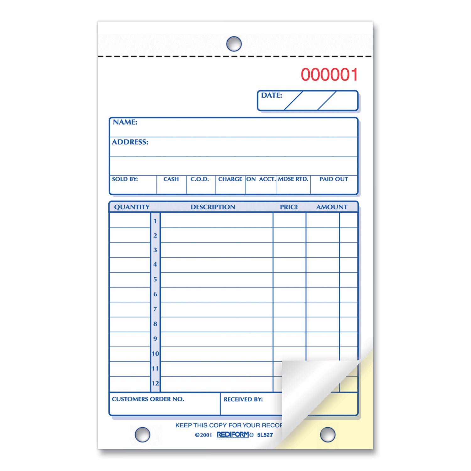 Sales Book, 12 Lines, Two-Part Carbonless, 4.25 x 6.38, 50 Forms Total - 