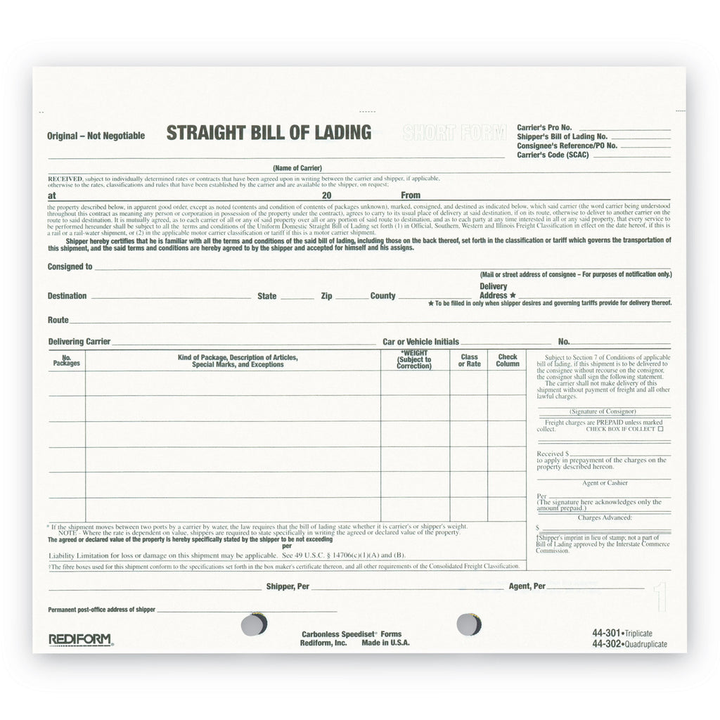 Snap-A-Way Bill of Lading, Short Form, Three-Part Carbonless, 7 x 8.5, 250 Forms Total - 