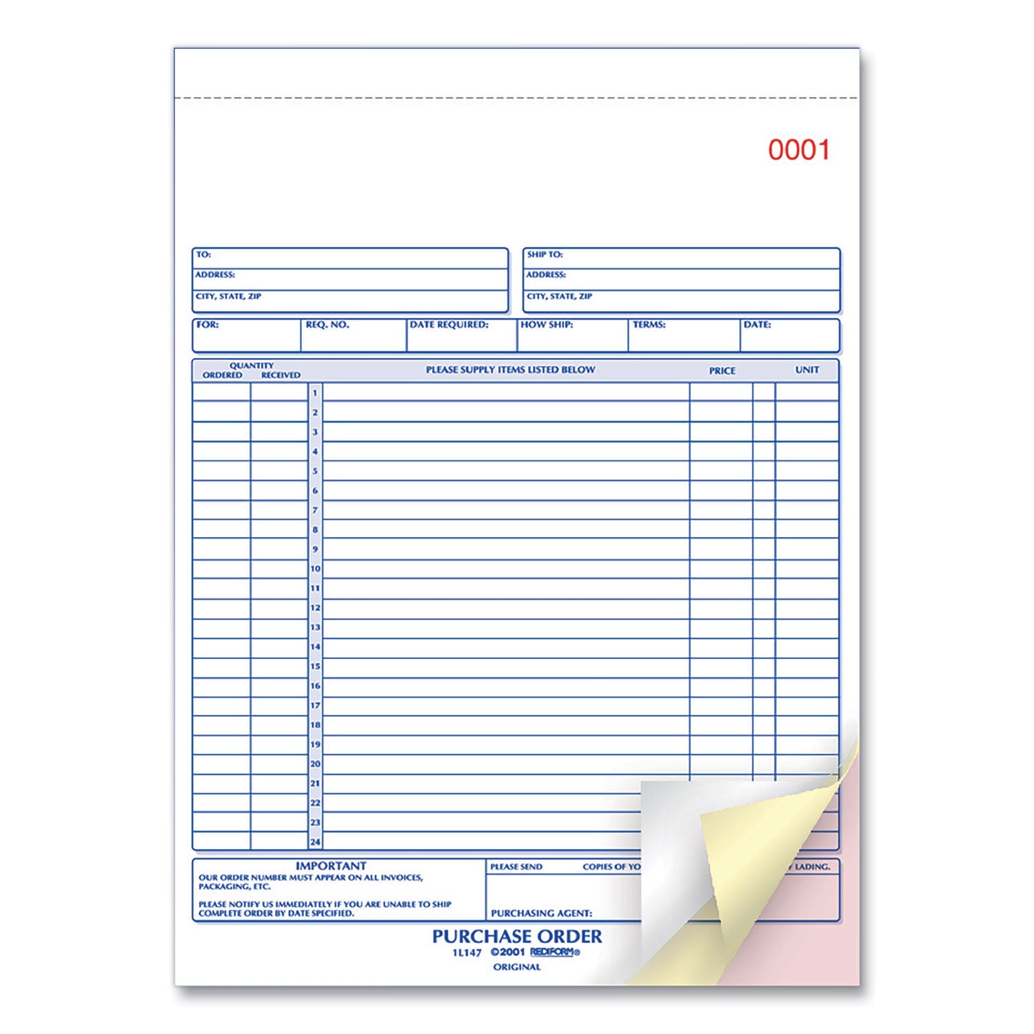 Purchase Order Book, 17 Lines, Three-Part Carbonless, 8.5 x 11, 50 Forms Total - 