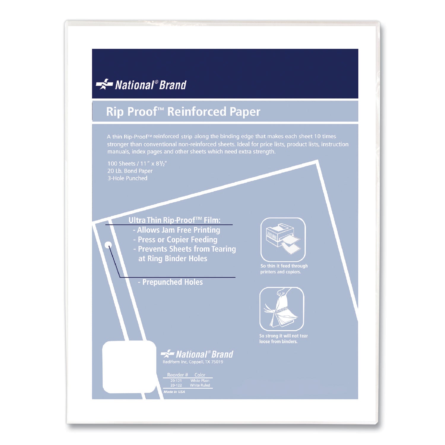 Rip Proof Reinforced Filler Paper, 3-Hole, 8.5 x 11, Unruled, 100/Pack - 