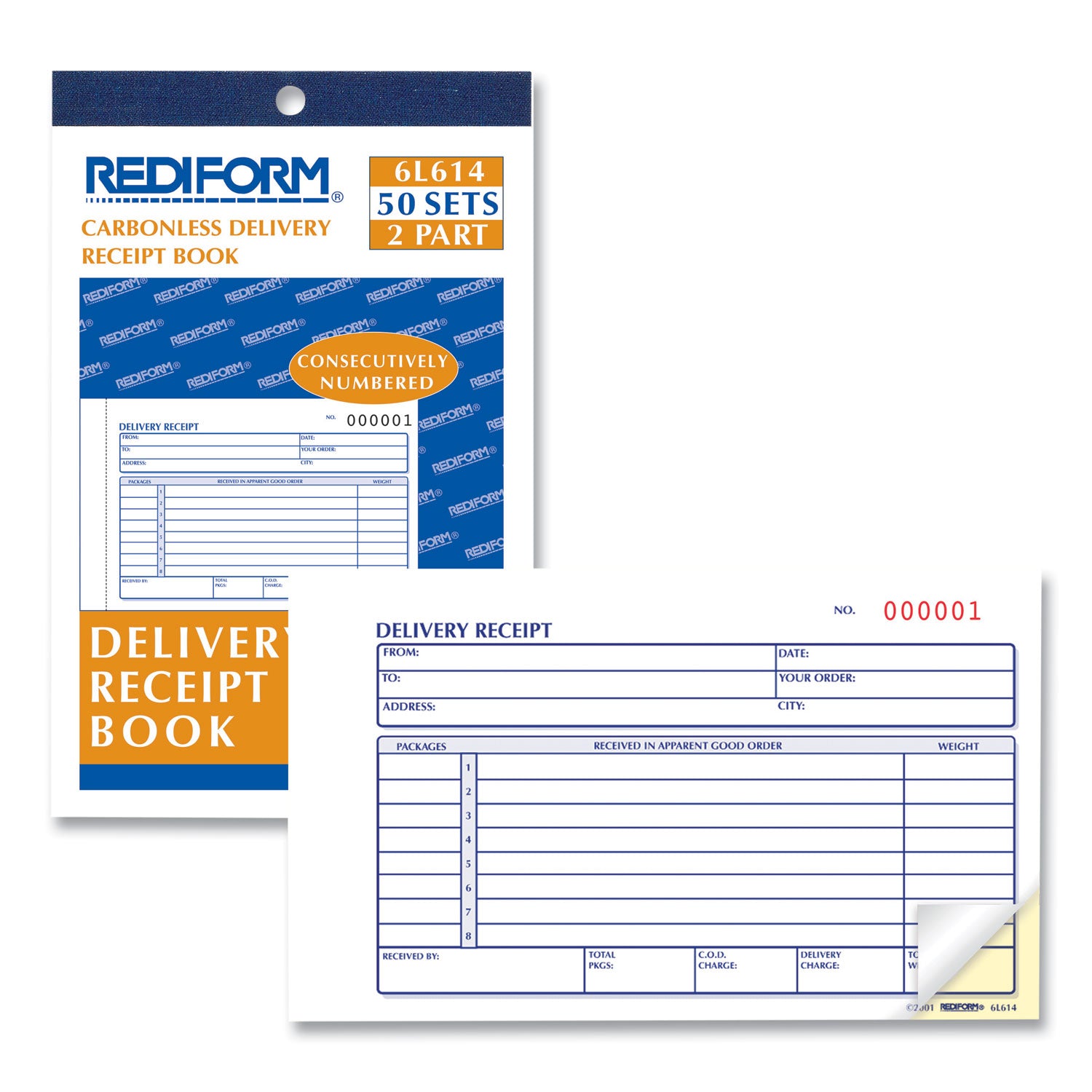 Delivery Receipt Book, Three-Part Carbonless, 6.38 x 4.25, 50 Forms Total - 