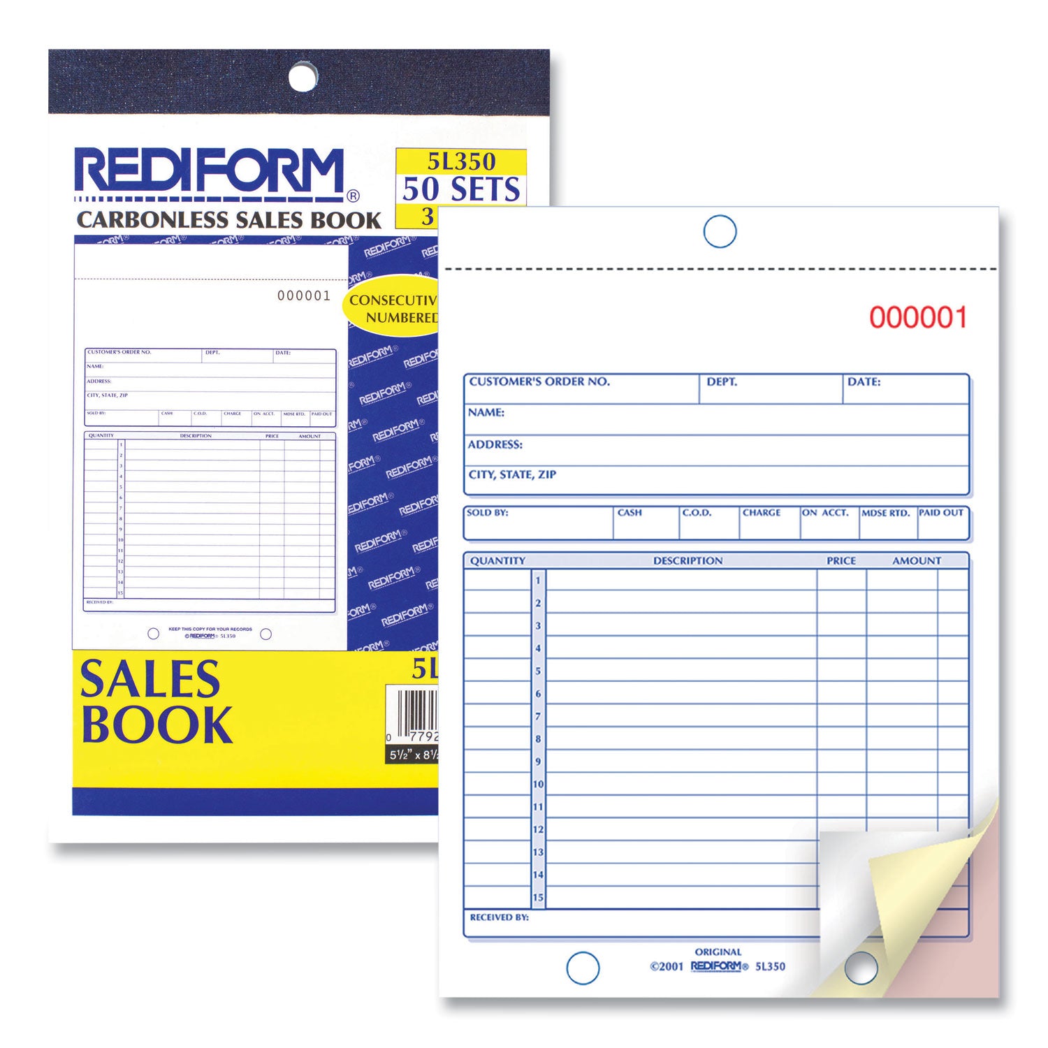 Sales Book, 15 Lines, Three-Part Carbonless, 5.5 x 7.88, 50 Forms Total - 