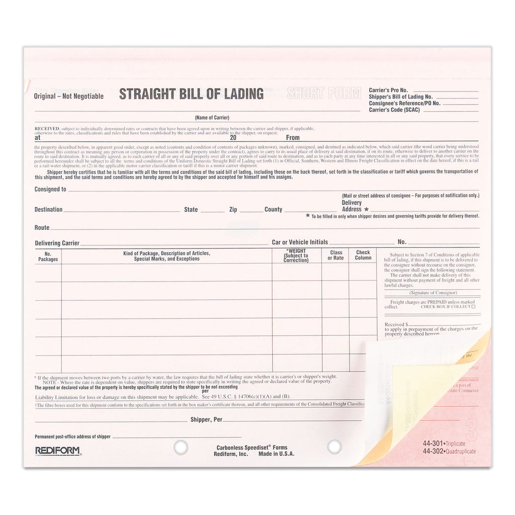 Snap-A-Way Bill of Lading, Short Form, Three-Part Carbonless, 7 x 8.5, 250 Forms Total - 