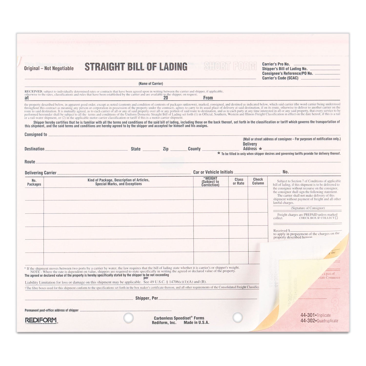 Snap-A-Way Bill of Lading, Short Form, Three-Part Carbonless, 7 x 8.5, 250 Forms Total - 