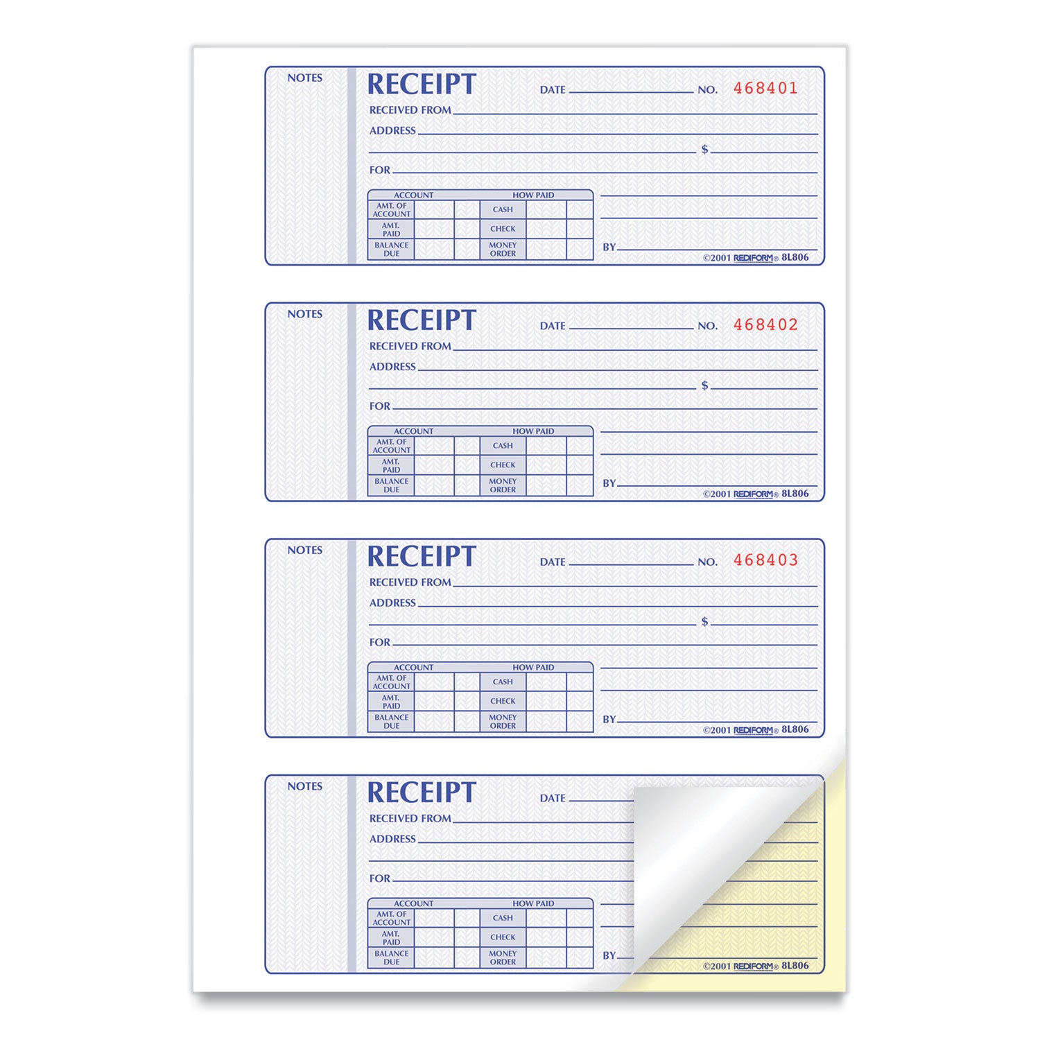 Money Receipt Book, Softcover, Two-Part Carbonless, 7 x 2.75, 4 Forms/Sheet, 200 Forms Total - 